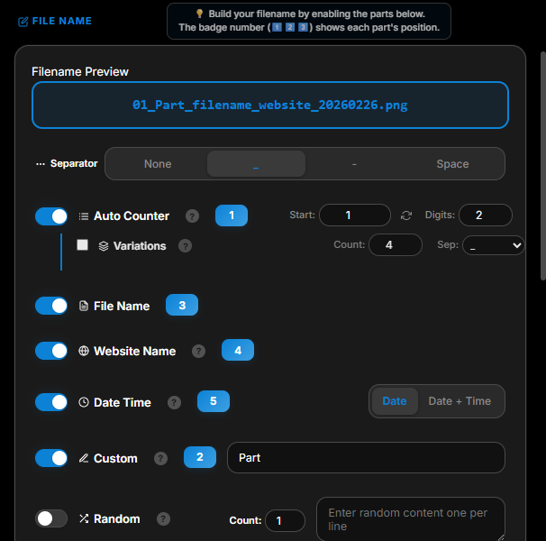 File Name rules with preview